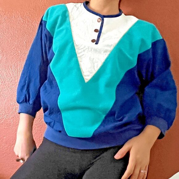 vtg‎ Susan christopher California 90s sweatshirt color block green blue medium - Picture 1 of 8